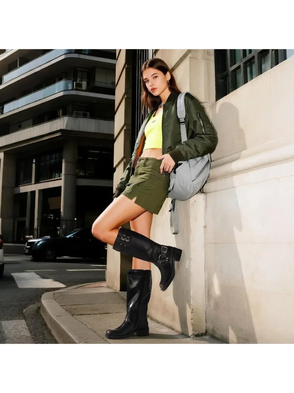 Women's Brown Leather Adjustable Buckles Side Zipper Moto Knee High Tall Boots